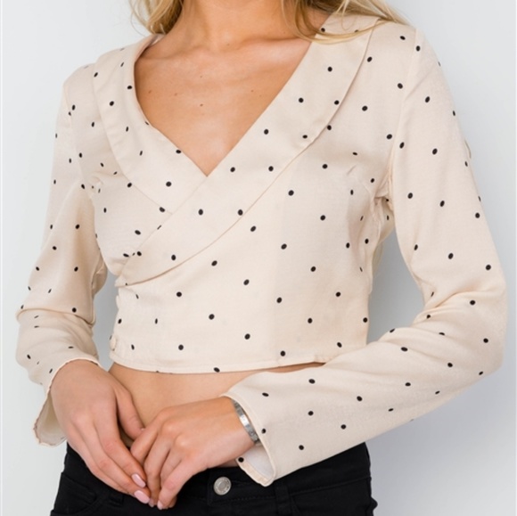POSH POLKA DOT WRAP FRONT CROPPED BLOUSE CREAM - Picture 5 of 8